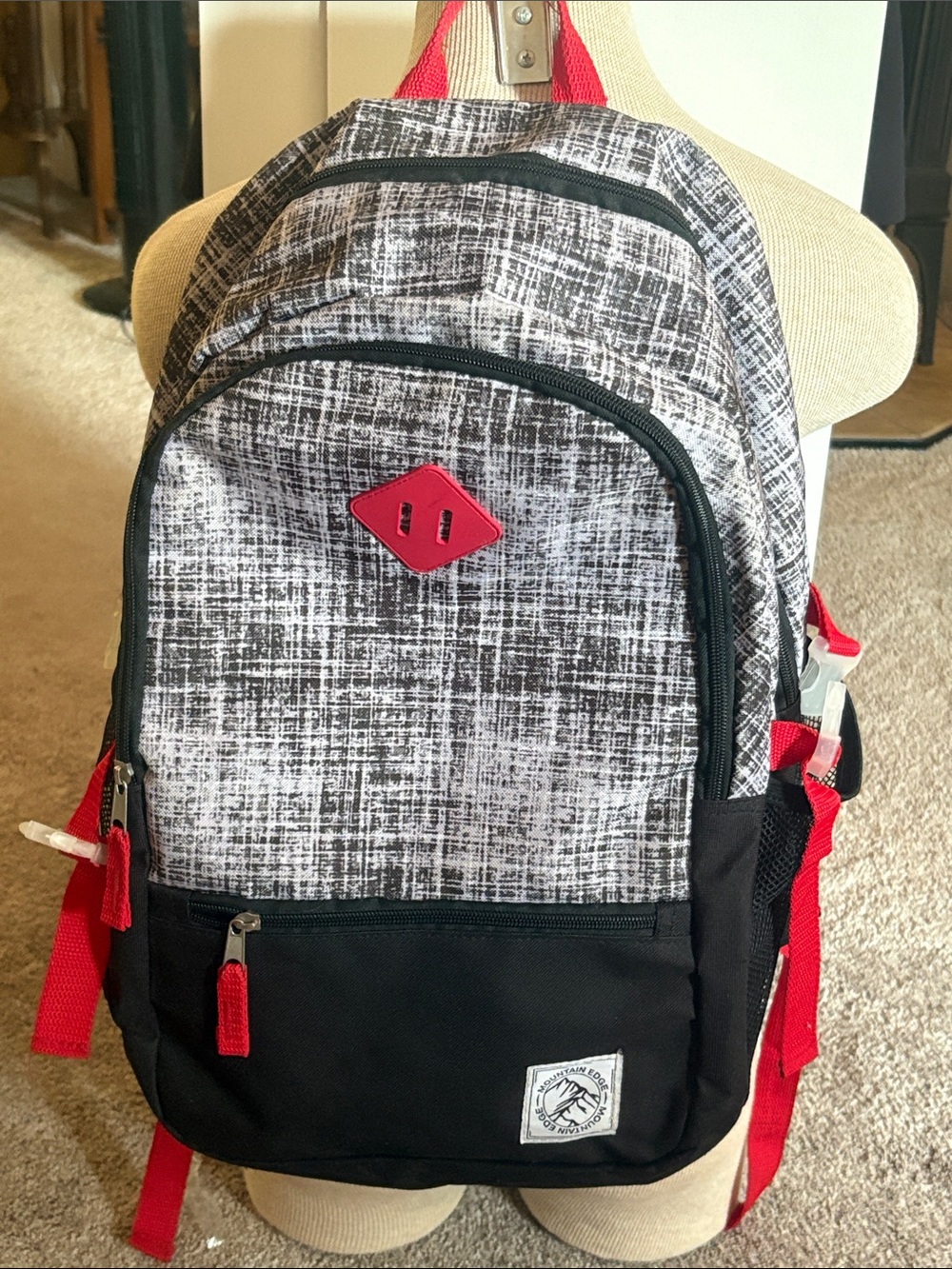 Black & White Patterned Men's Backpack with Red Trim